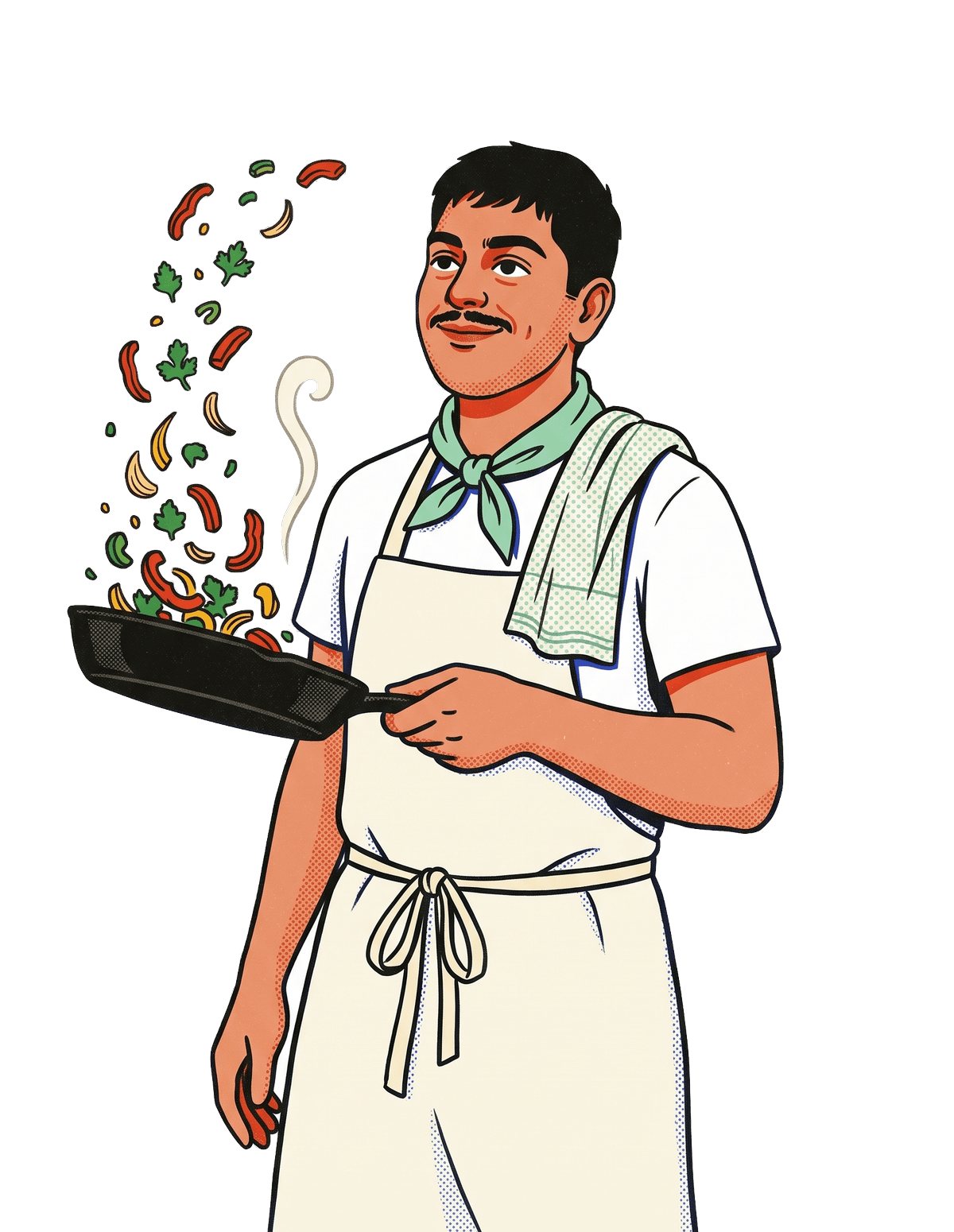 Illustration of Amman tossing vegetables in a skillet