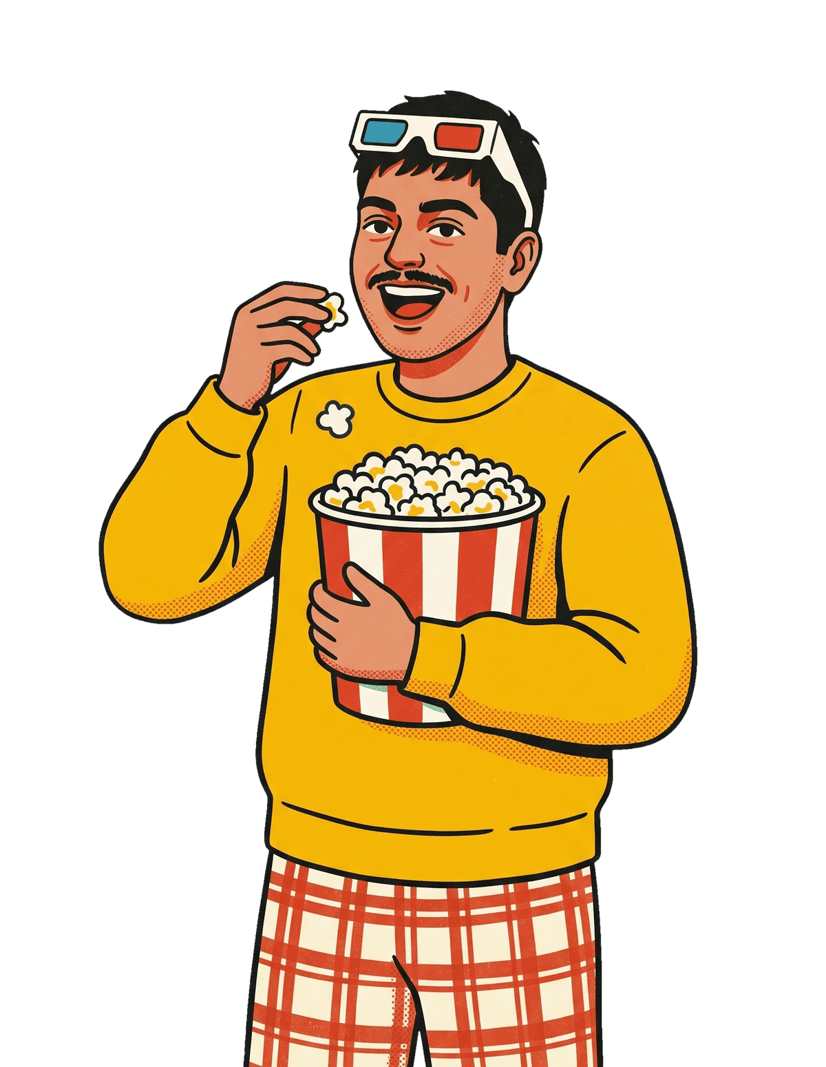 Illustration of Amman eating popcorn in 3D glasses
